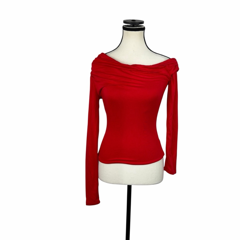 AFRM Red Off Shoulder Top Ruched Long Sleeve Stretch Bodycon XS Night Out - Picture 2 of 12